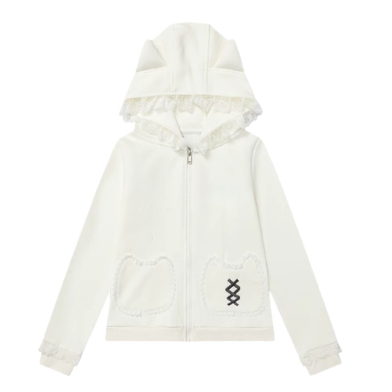 Sweet Lace-Trim Casual Hoodie – White
